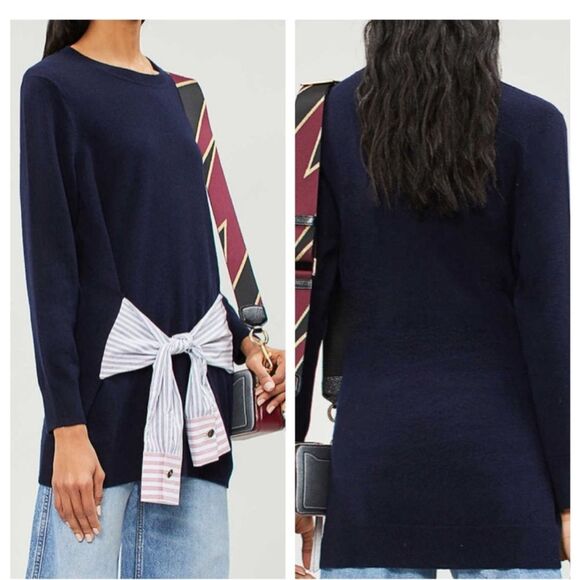 Sandro Suzanne Cashmere Wool Blend Waist Tie Navy Sweater - Picture 2 of 9